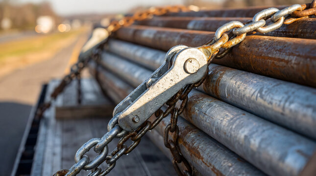 Metal pipes securing on flatbed trailer with chain