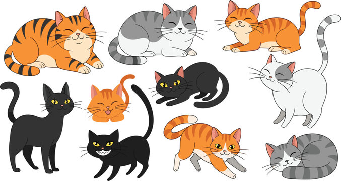 Comprehensive Vector Set of Cute Cartoon Cats and Kittens Featuring Orange Tabby Gray Striped Black and White Poses for Pet Adoption Branding Nursery Decor and Domestic Animal Illustrations
