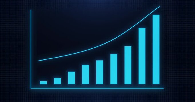 Rising bar chart with glowing line graph, seamless loop animation of business growth analytics, financial success concept, modern digital background