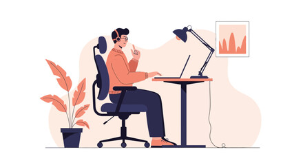 Fototapeta premium Man working on laptop at desk with headphones, modern office setup, remote work