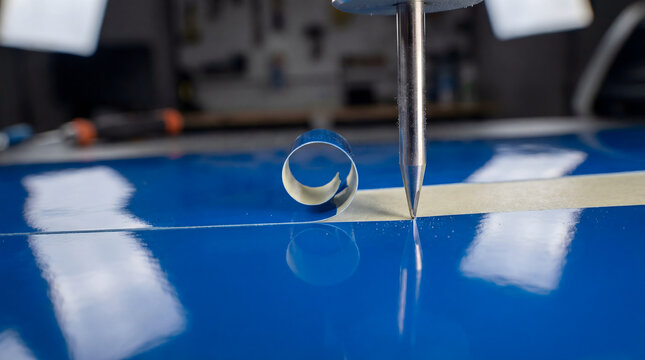 Vinyl cutter plotting blue adhesive film in workshop