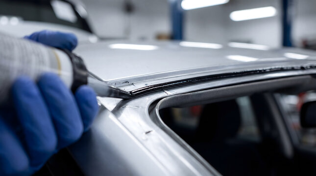 Auto worker applying sealant during car windshield replacement
