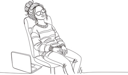 Obraz premium Girl sleeping on desk continuous one line drawing . Tired woman freelancer leaning on table cartoon character.
