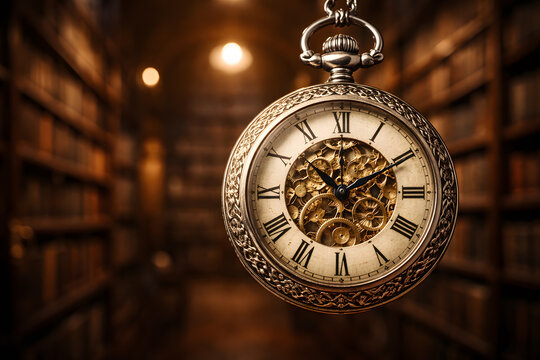 Ornate pocket watch suspended in a vintage library