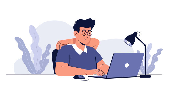 Man working on laptop with supportive colleague behind him, modern office illustration
