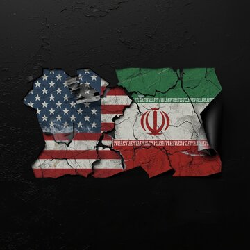 A torn map of the United States and Iran with their flags visible on a dark background