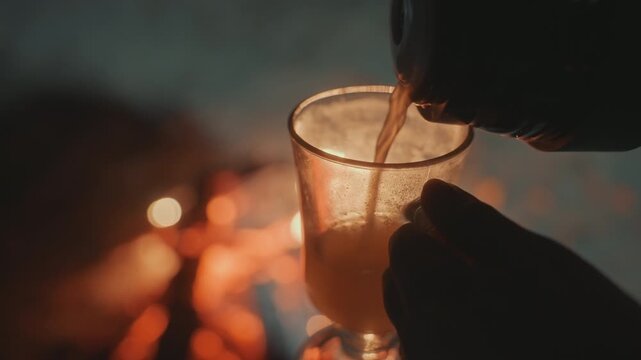 Campfire closeup pouring warm drink, glass held in gloved hand, steam rising, amber embers bokeh, intimate solitude, camper savoring hot cider beside tent, soft night light, tactile condensation