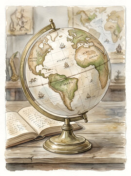 Vintage watercolor globe on an old wooden desk