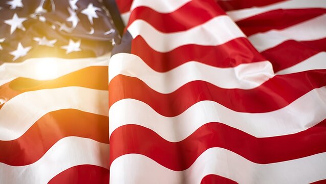 American flag waving close-up of stars and stripes with soft vintage light overlay