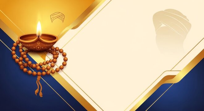 A lit Diya and prayer beads with turbans in a graphic background