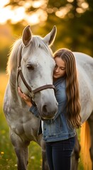 Fototapeta premium Girl Hugging Horse Sunset.