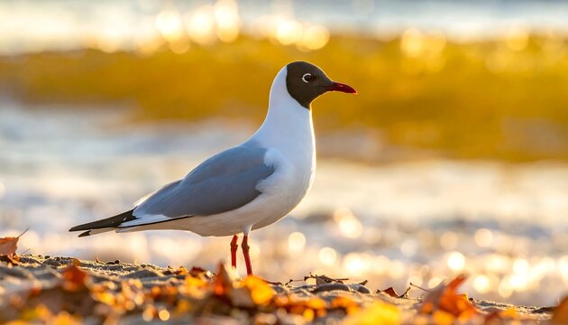 Seagull at sunset. Sea bird with black head stands amidst autumn leaves on a sunlit, blurred beach backdrop