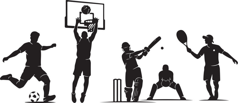 Black silhouettes of men playing sports soccer basketball