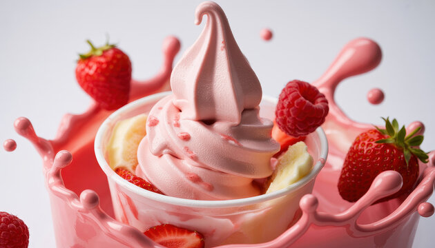 Pink strawberry soft serve ice cream in a cup with fruit splashes and fresh berries all around it