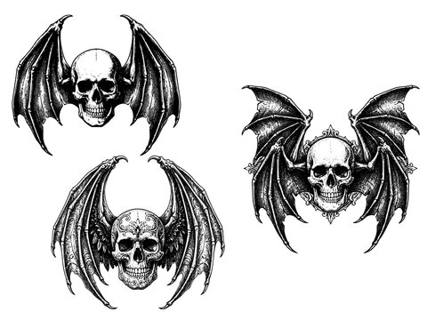 Bat Wings Skull Engraving Art
