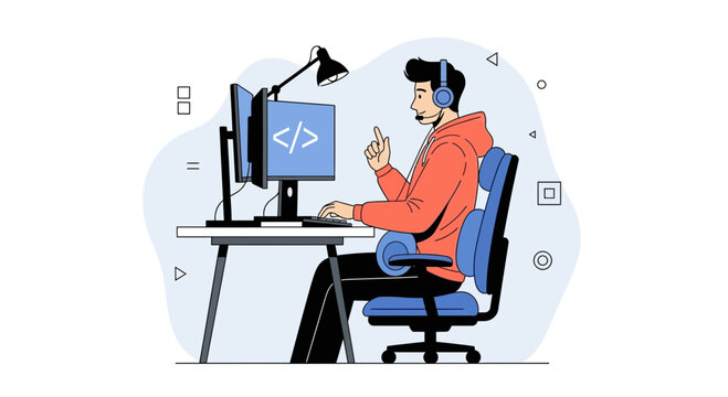Programmer working on computer, coding, development, IT, technology, illustration