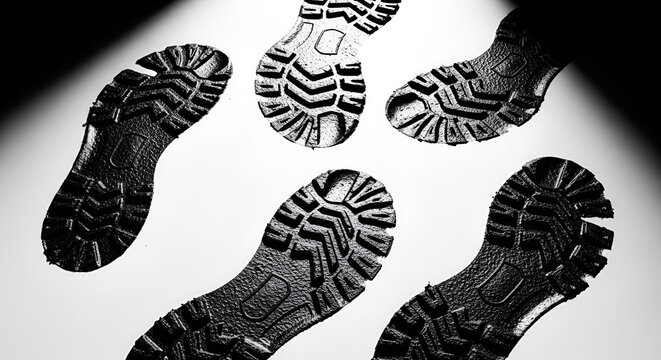 A stark composition showcases several dark shoe prints against a bright, almost blinding white background.