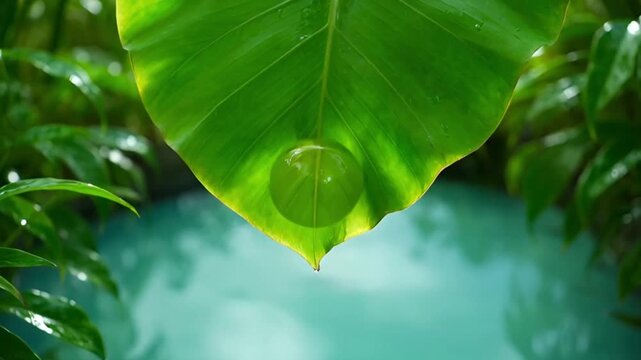 macro view of a large green water drop or bubble on a tropical leaf surface falling into a clean blue pool creating ripples surrounded by lush green plants and fresh environment