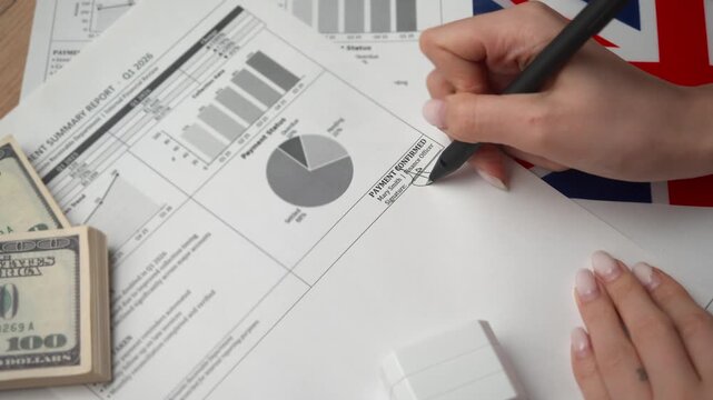 Finance controller sanctions payment recap from accounting office underscoring top recovery rates in structured British business practices sealing with green paid emblem.