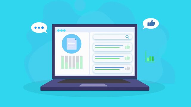 Animated video of a laptop displaying data analytics dashboard with charts, progress bars, checklist, and feedback icons. Represents business insights, performance tracking, and digital reporting syst