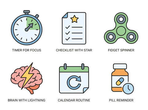 ADHD Management Tools Icon Set: Focus Timer, Checklist, Fidget Spinner, Brain, Calendar, and Pill Reminder