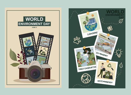 World Environment Day Camera Polaroid Collage. vintage camera, film strips, polaroids on sustainability themes like clean energy and waste management. Vector illustration