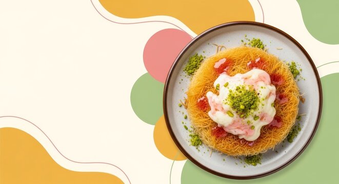 Knafeh dessert with creamy topping and pistachios on a plate, overhead view on abstract background