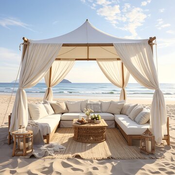 A serene beachside setting with a stylish tented lounge area