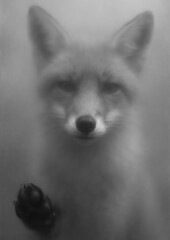 Obraz premium Misty fox behind glass paw