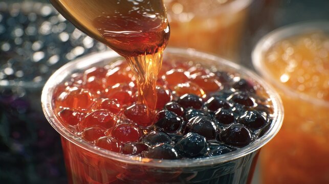 Close-up of amber liquid pouring into a clear cup filled with dark, chewy spheres. Other cups are blurred in the background