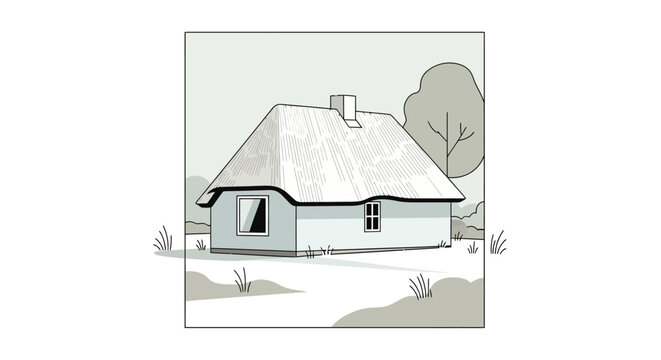 Illustrated rural house with thatched roof on a white background