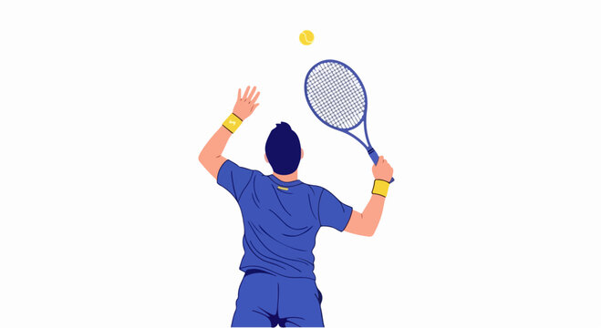 Vector illustration of a male tennis player serving with racket and ball in action during rally
