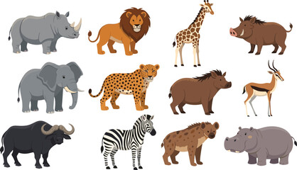Wild Big Cat Vector Collection Featuring Lion, Tiger, Leopard, Cheetah, and Black Panther in Sitting and Standing Poses © Mostrenu