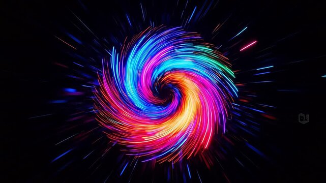 Colorful light spiral with red blue and pink rays on black background