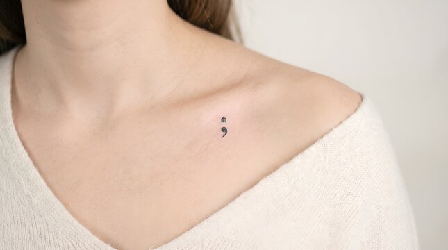 Close-up of a person's clavicle showing a small, meaningful semicolon tattoo