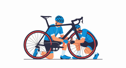Fototapeta premium Vector illustration of two cyclists repairing a bicycle together in a teamwork scene and repair