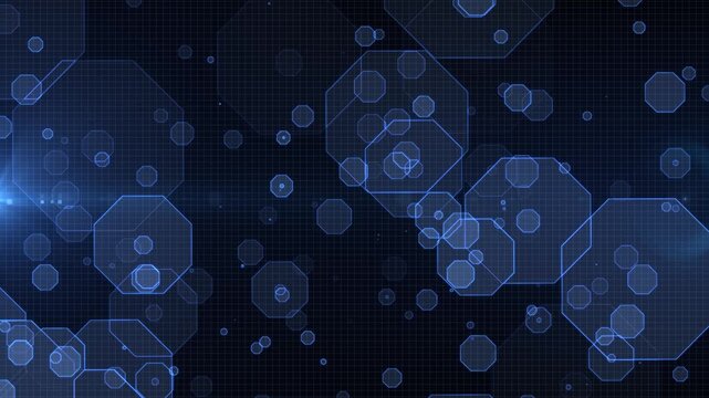 Blue hexagonal grid with glowing outlines, seamless loop animation of futuristic tech interface, digital network concept, abstract background motion