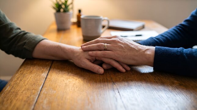 Close-up of two people's hands on a wooden table, symbolizing comfort and care