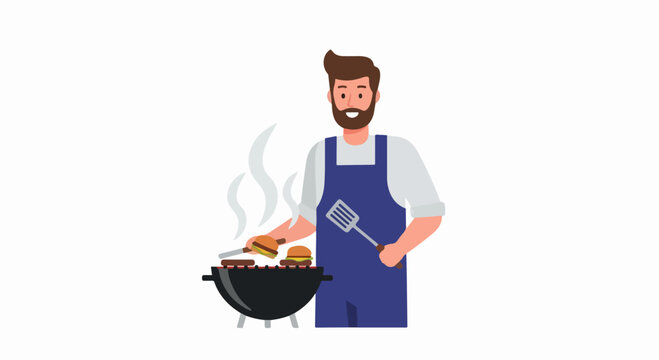 Vector illustration of bearded man grilling burgers at a barbecue grill with spatula and steam