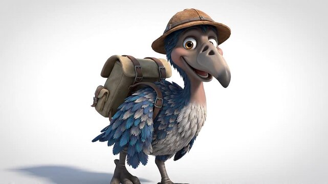 A charming 3d cartoon style dodo bird wearing a hat and backpack, ready for an adventure, on a white background