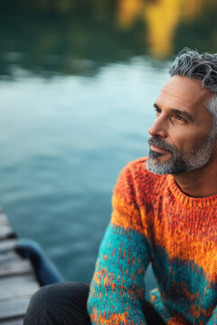 A person sitting on a dock overlooking the water, ideal for use in scenes where a character is reflecting or enjoying the outdoors. vertical frame