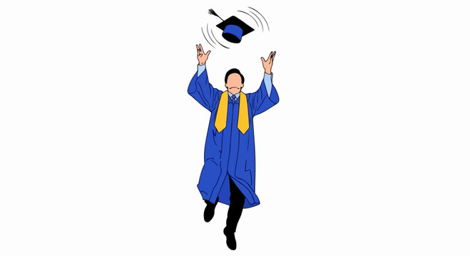 Vector illustration of a graduate in blue gown tossing a graduation cap in celebration moment
