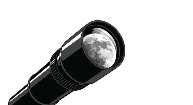 A sleek black astronomical telescope points toward the sky featuring a highly detailed and cratered full moon visible through its pristine glass objective lens.