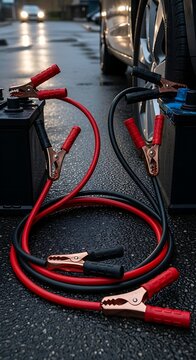 Jumper cables ready to jumpstart a car battery.