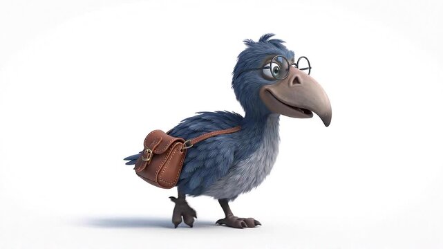 A charming 3d cartoon style dodo bird with glasses and a satchel walks confidently against a clean white background