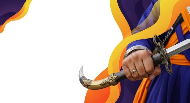 Sikh man in blue and orange attire holds a kirpan sword, right hand on blade, against abstract graphic background.