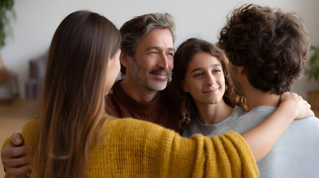 A heartwarming family portrait capturing three gene ns embracing in a sunlit comfortable living space