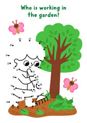 Vector garden dot-to-dot and color activity with cute boy raking leaves. Black and white spring connect the dots game with kid gardener doing gardening work, tree, colored background