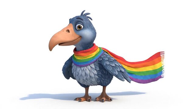 A cheerful 3d cartoon style dodo bird with a rainbow scarf, standing proudly on a white background, a symbol