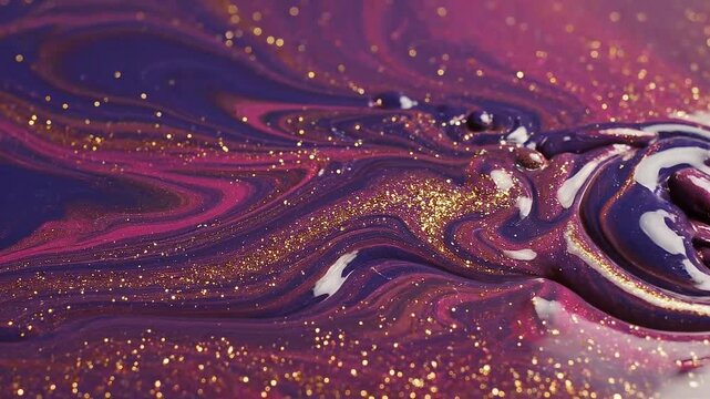 Abstract glitter liquid movement in stunning shades of purple and gold, an opulent and artistic visual background for modern video design projects